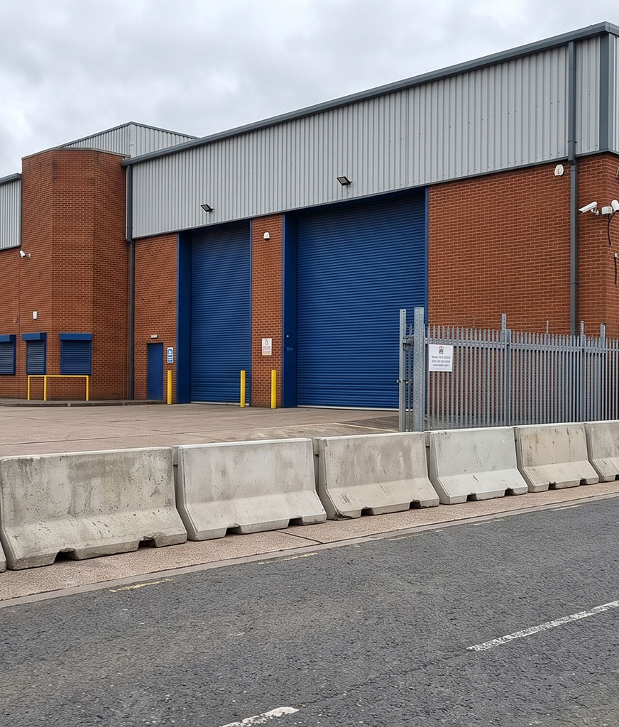 arm secure concrete barriers outside a warehouse